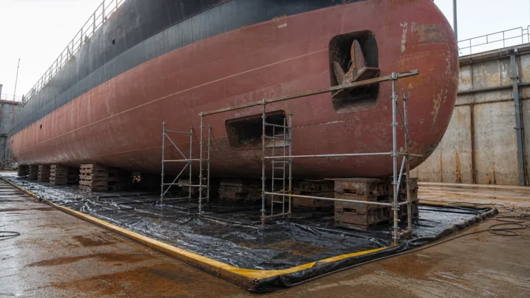 Embarcação apoiada em doca seca com acesso e contenção preparados para limpeza naval
