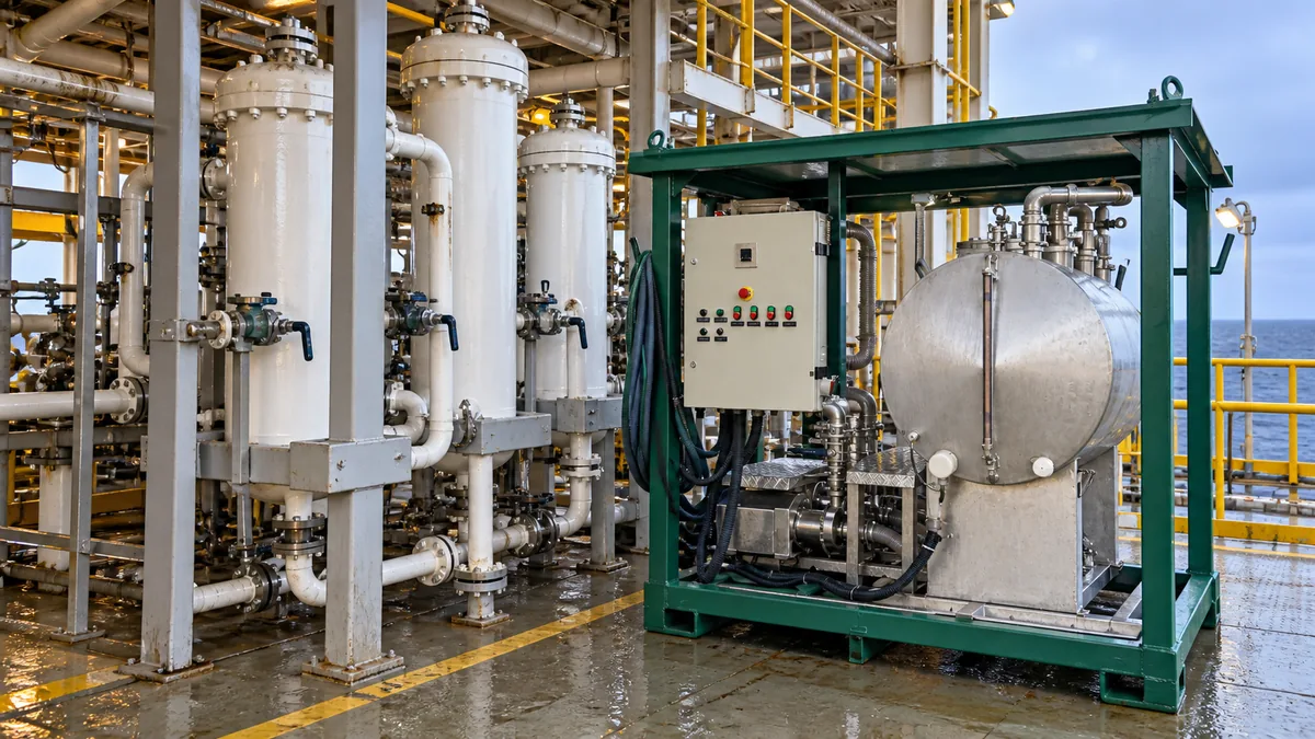 APVs verticais offshore com unidade de limpeza química protegida em skid apropriado