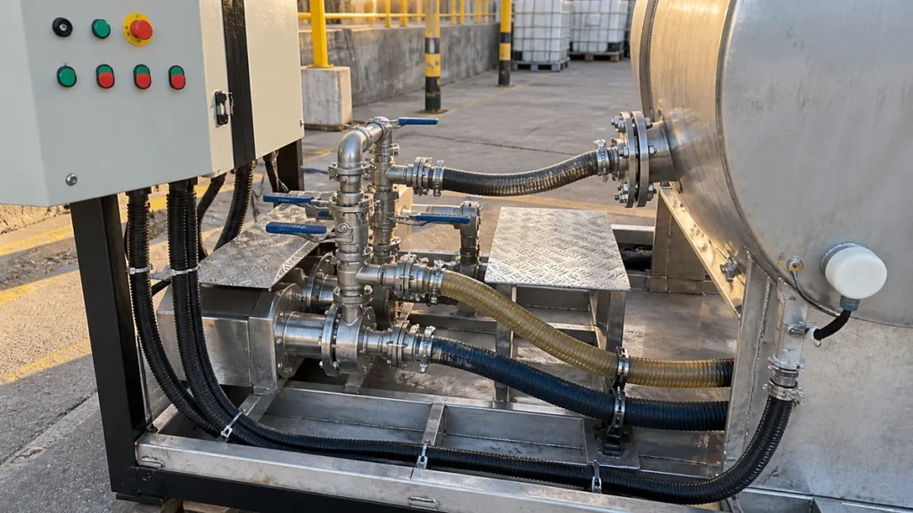 Conexões e manifold de um circuito temporário de limpeza química industrial