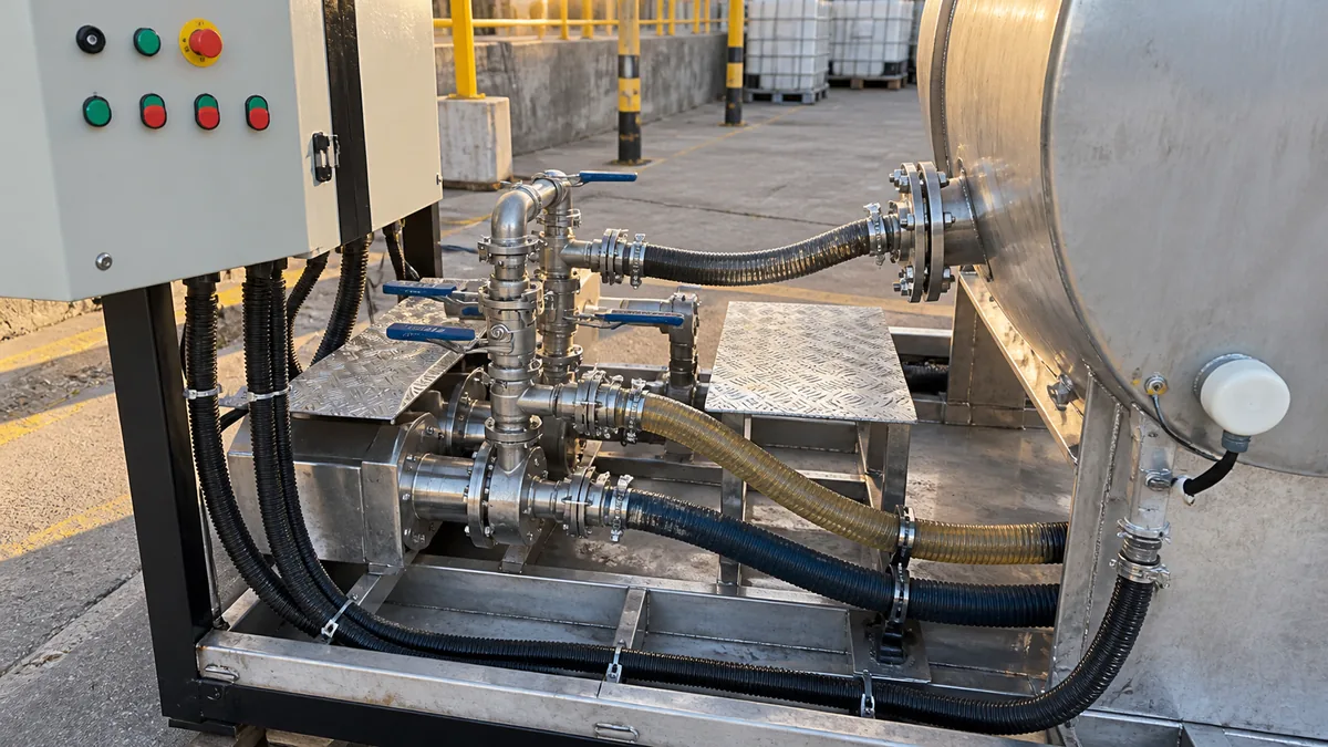 Conexões e manifold de um circuito temporário de limpeza química industrial