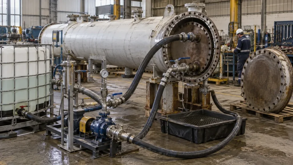Limpeza química no lado do casco do trocador em contexto industrial técnico e realista