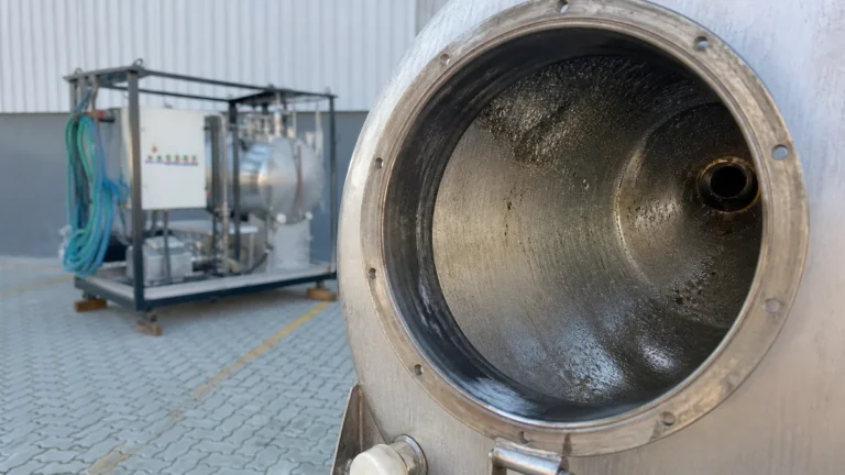 Vaso industrial aberto após limpeza química e preparado para inspeção interna