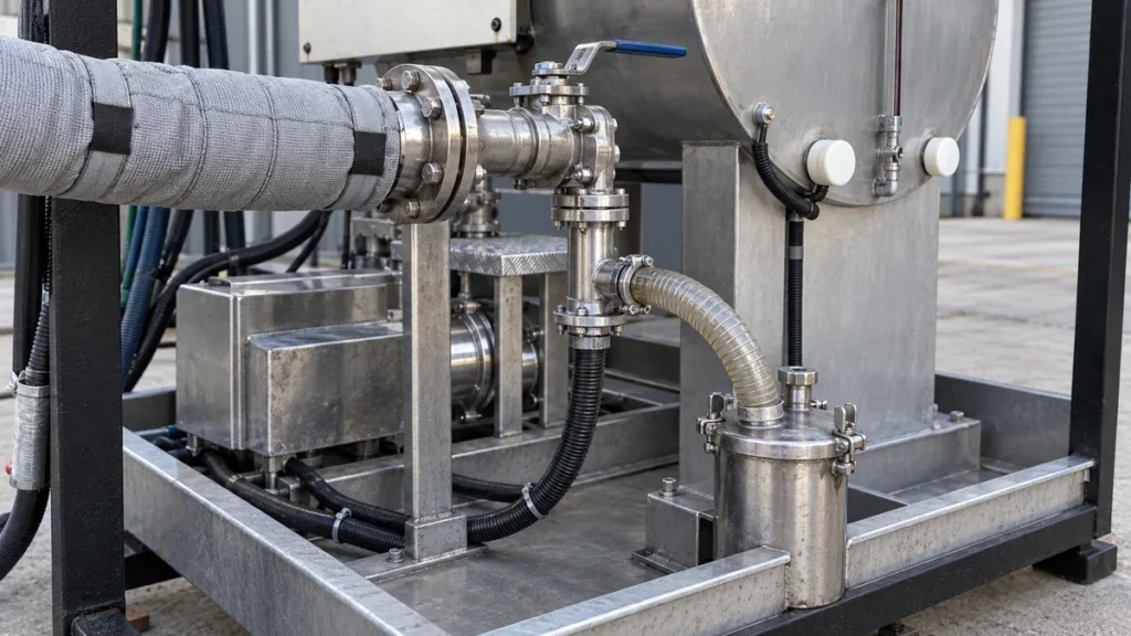 Mangueira isolada e retorno de condensado em configuração de limpeza química com vapor