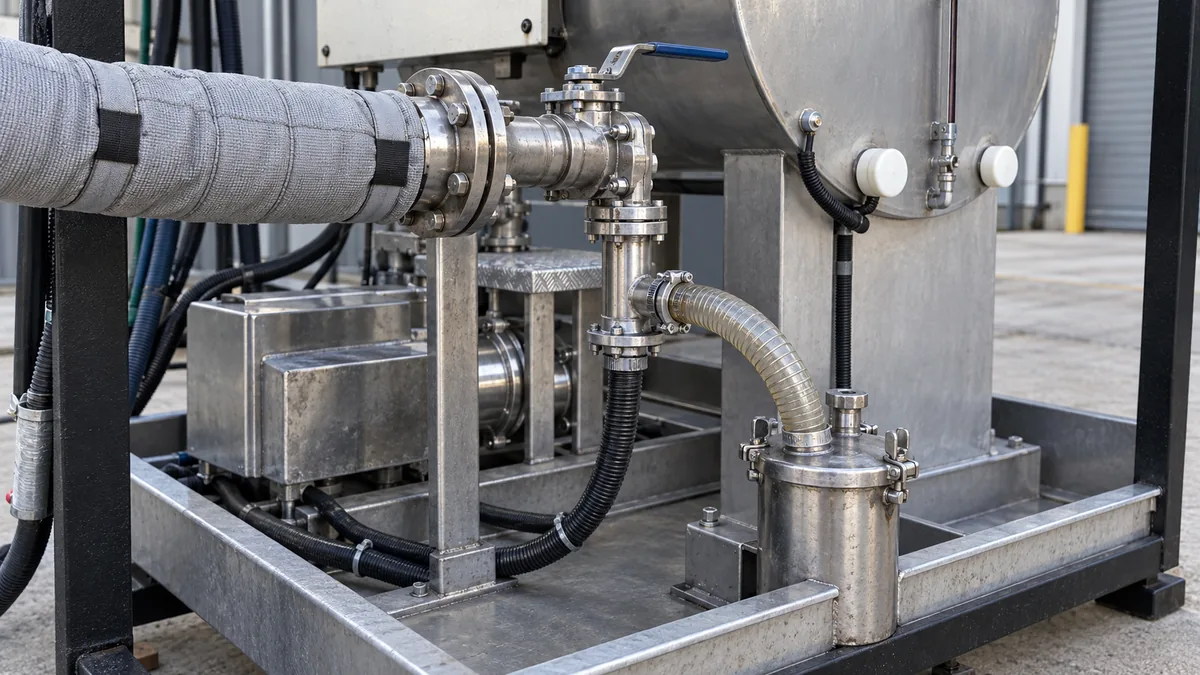 Mangueira isolada e retorno de condensado em configuração de limpeza química com vapor