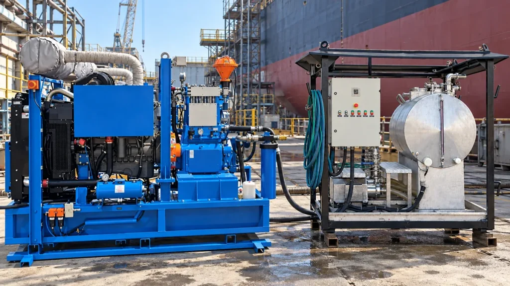 Equipamentos de limpeza técnica coordenados em uma docagem naval