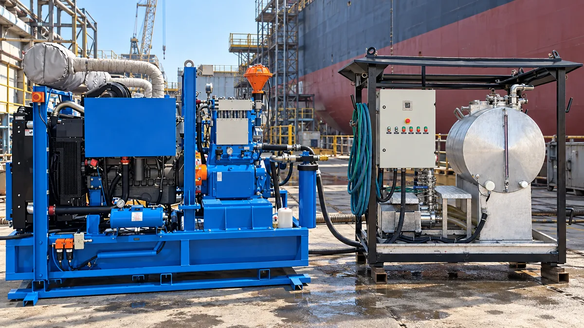 Equipamentos de limpeza técnica coordenados em uma docagem naval