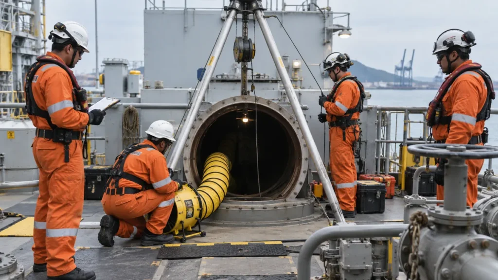 Limpeza técnica em espaço confinado naval em contexto industrial técnico e realista