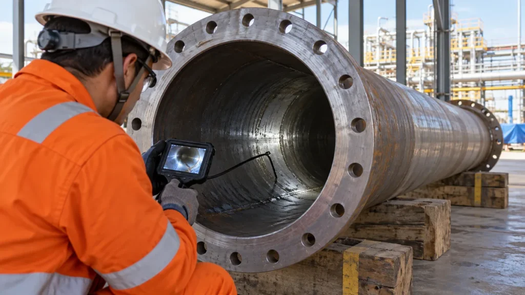 Videoinspecao de tubulacao industrial em preparacao para partida