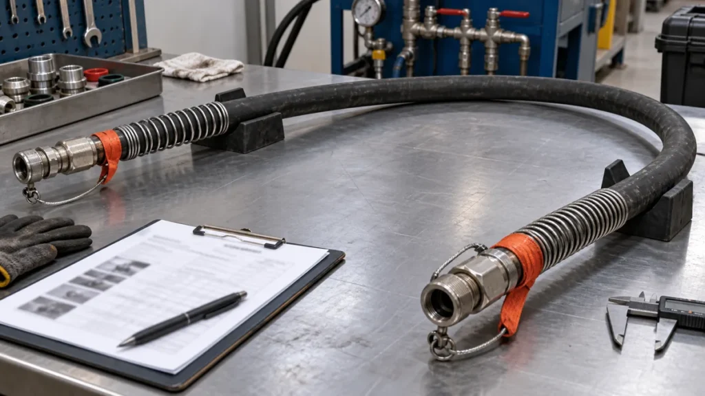 Mangueira de alta pressão em contexto industrial técnico e realista