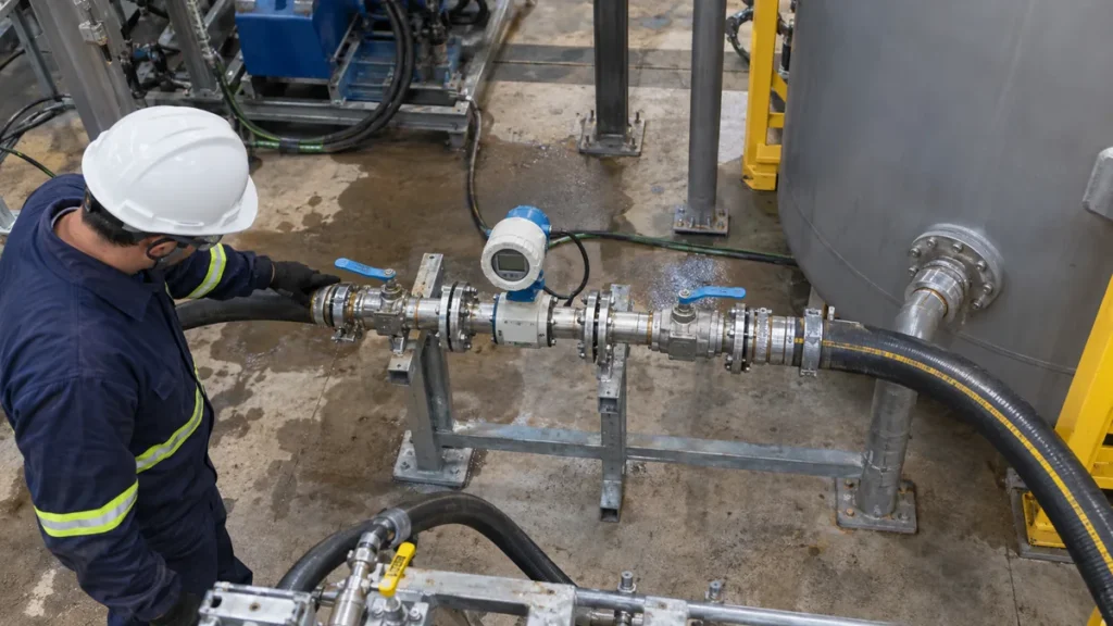 Medição de vazão no flushing em contexto industrial técnico e realista