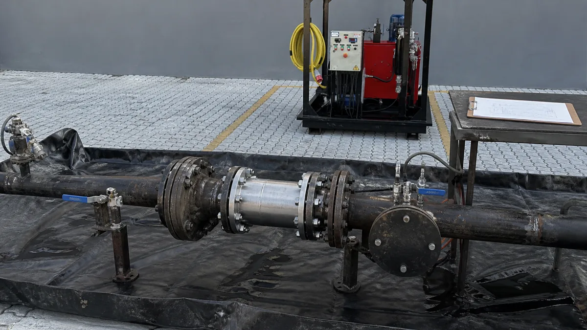 Trecho reparado de tubulação na fronteira do teste hidrostático com bomba desligada