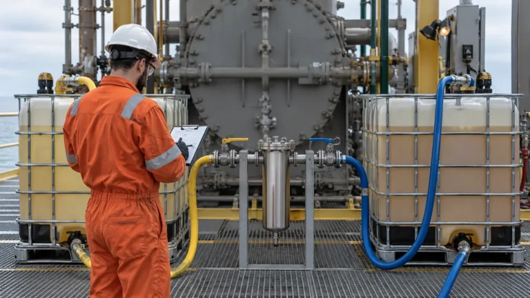 Óleo de flushing e óleo operacional em contexto industrial técnico e realista