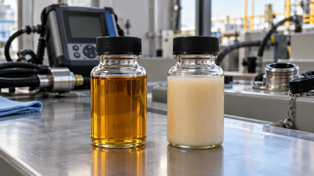 Amostras de óleo hidráulico límpido e óleo emulsificado pela presença de água