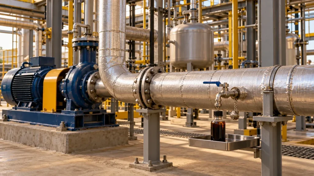 Circuito de óleo térmico industrial com ponto de amostragem controlada