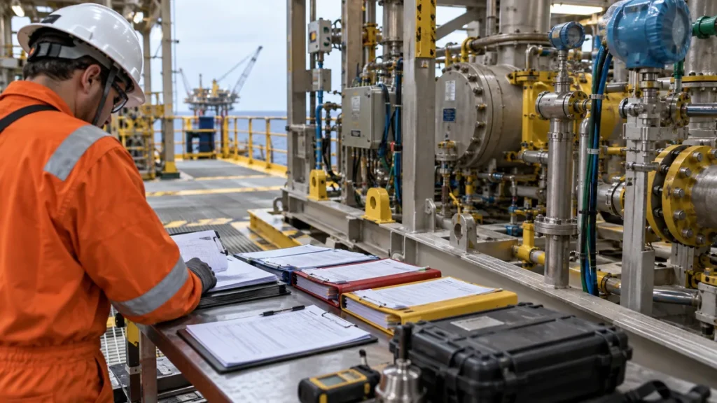 Pacote documental offshore em contexto industrial técnico e realista