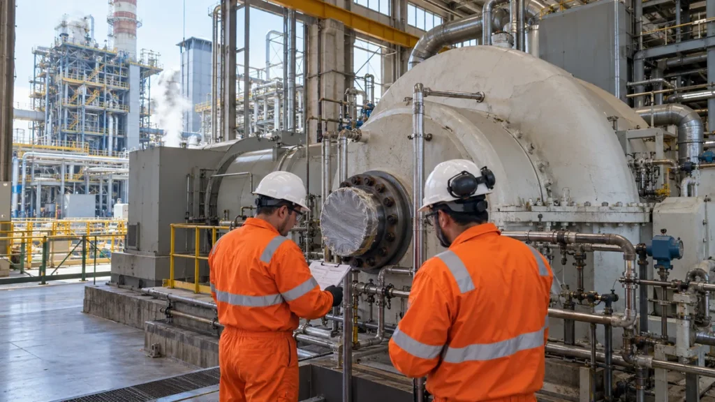 Equipe em parada planejada de termeltrica inspeciona turbina e circuitos associados