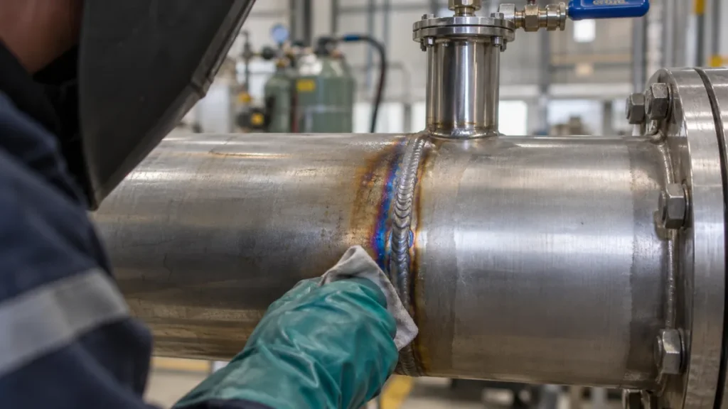 Passivação após soldagem em aço inox em contexto industrial técnico e realista