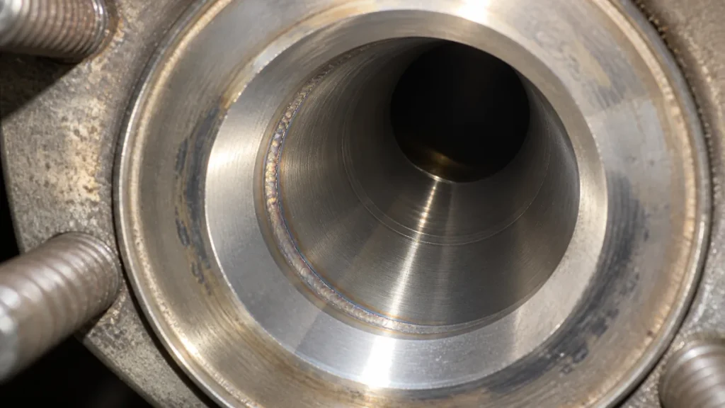 Detalhe de solda em aço inox para avaliação de passivação após reparo em tanque