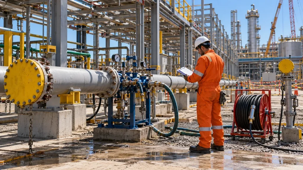 Planejamento de etapas de flushing teste hidrostatico e secagem em tubulacao industrial