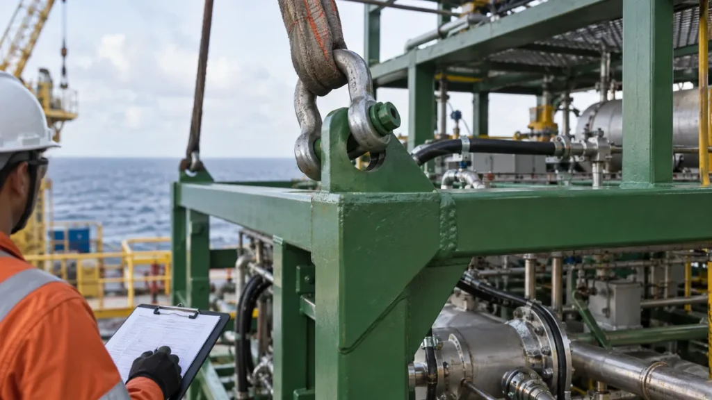 Pontos de içamento do skid offshore em contexto industrial técnico e realista