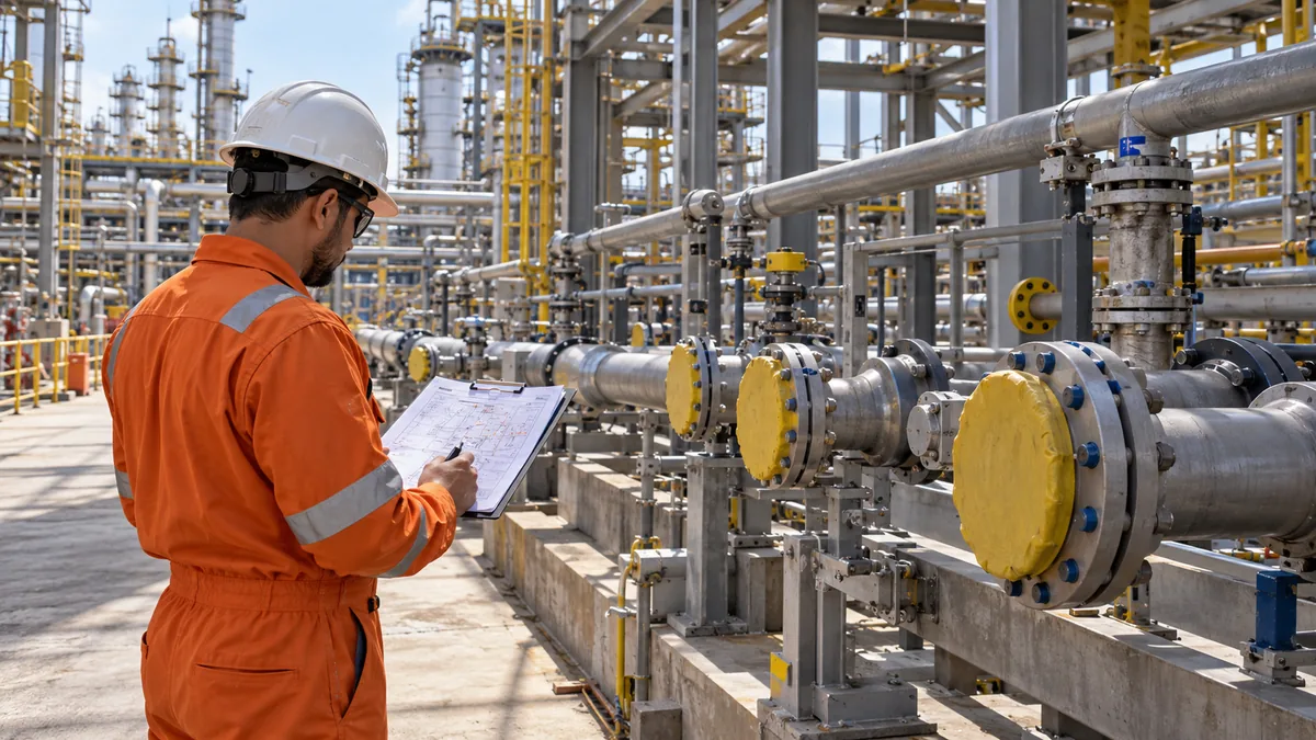 Engenheiro inspeciona tubulacoes tampadas durante pre-comissionamento industrial