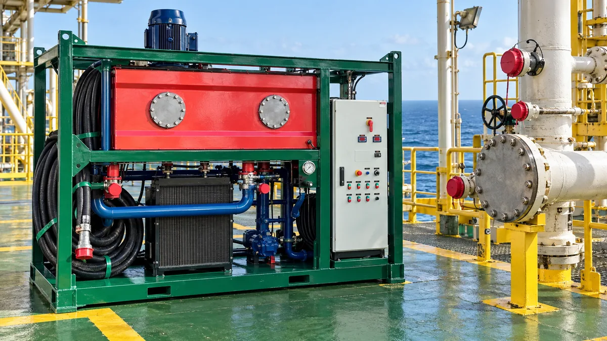 Sistema offshore preservado após serviço técnico com conexões protegidas e equipamento em skid