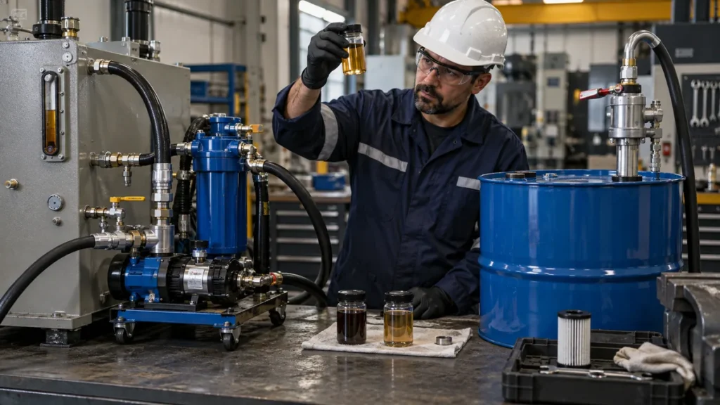 Recuperar ou substituir o óleo hidráulico em contexto industrial técnico e realista