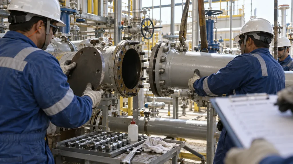 Reinstalação após teste hidrostático em contexto industrial técnico e realista