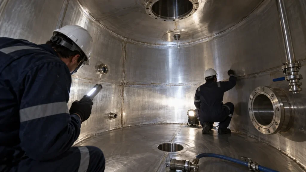 Reservatório de inox recém-fabricado em contexto industrial técnico e realista