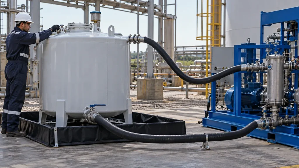 Reservatório externo no flushing em contexto industrial técnico e realista