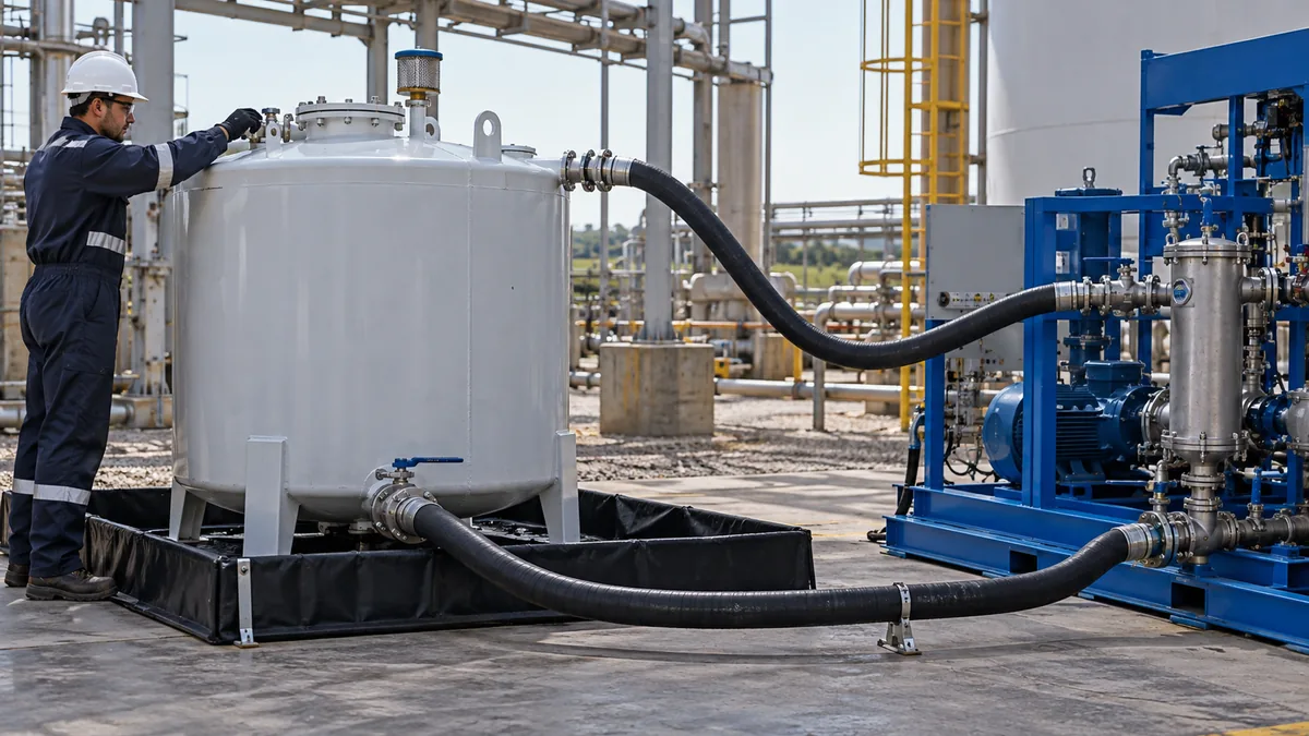 Reservatório externo no flushing em contexto industrial técnico e realista