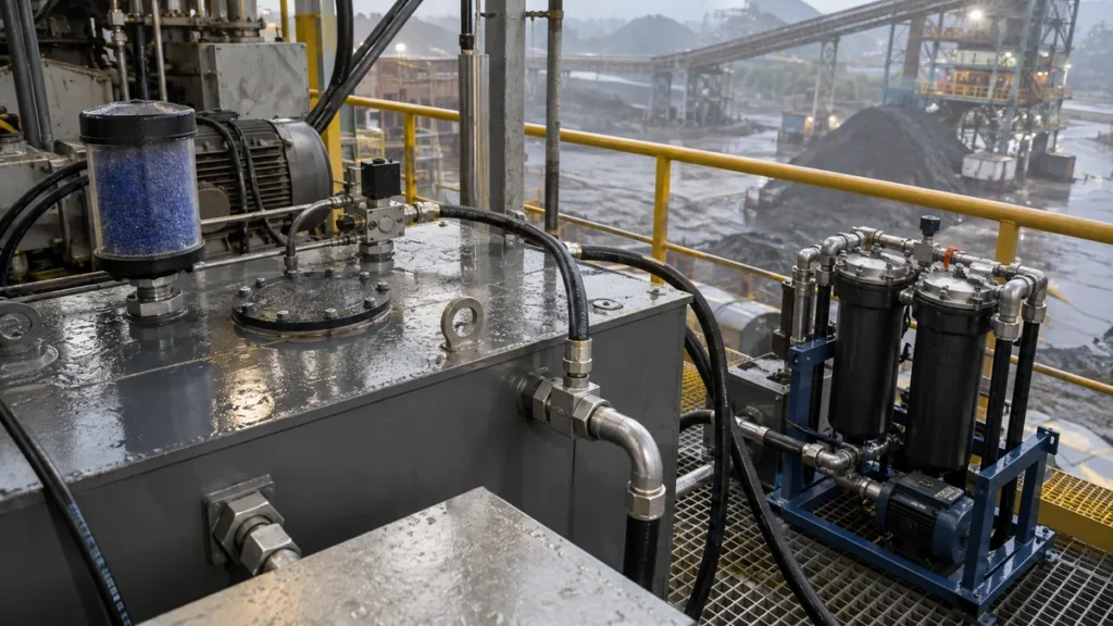 Respiro dessicante e filtragem de óleo em contexto industrial técnico e realista