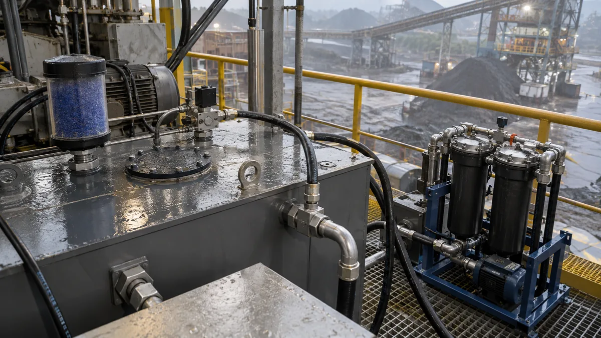 Respiro dessicante e filtragem de óleo em contexto industrial técnico e realista