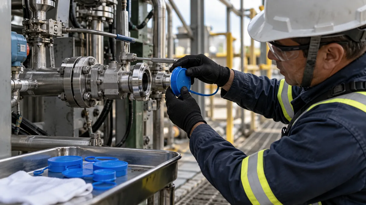 Retirada das mangueiras após o flushing em contexto industrial técnico e realista