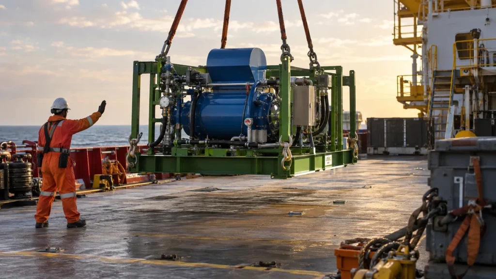 Rigging de equipamentos de limpeza offshore em contexto industrial técnico e realista