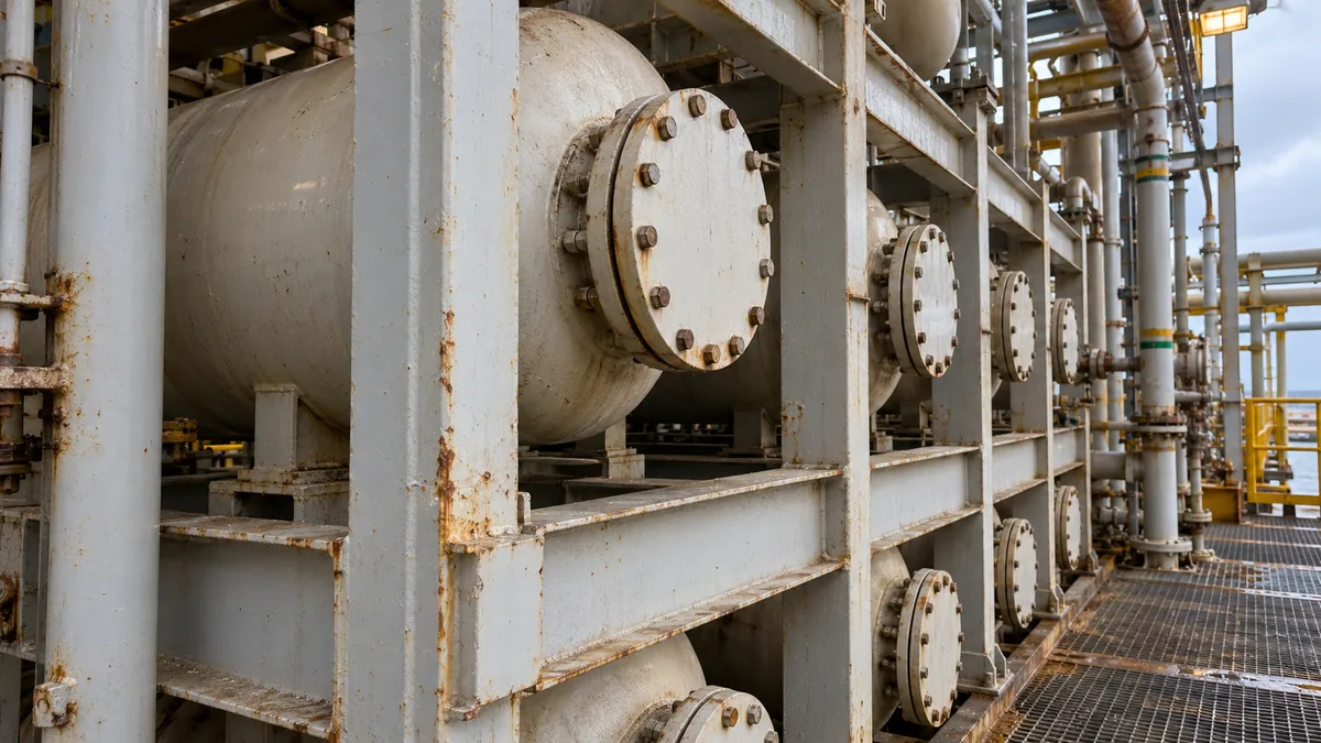 Ilustração técnica de banco de vasos de ar APV horizontais em estrutura offshore, com flanges e tubulações