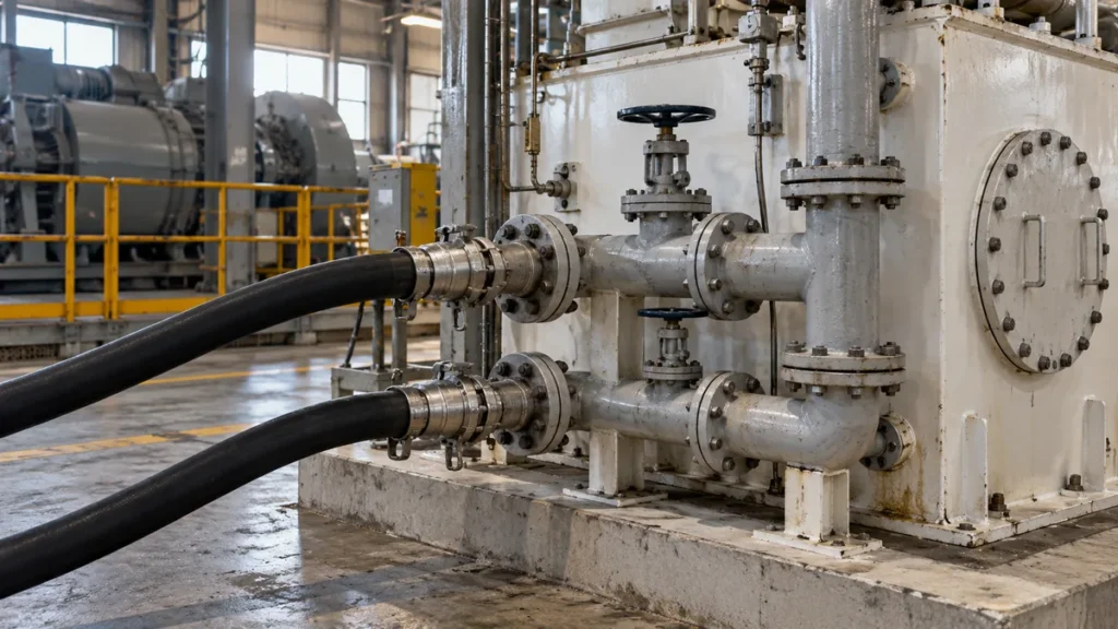 Circuito de lubrificação industrial com conexões temporárias para limpeza antes da partida