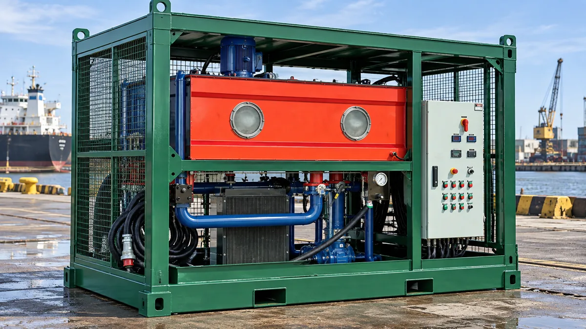 Equipamento de limpeza integralmente protegido em skid offshore antes da mobilização