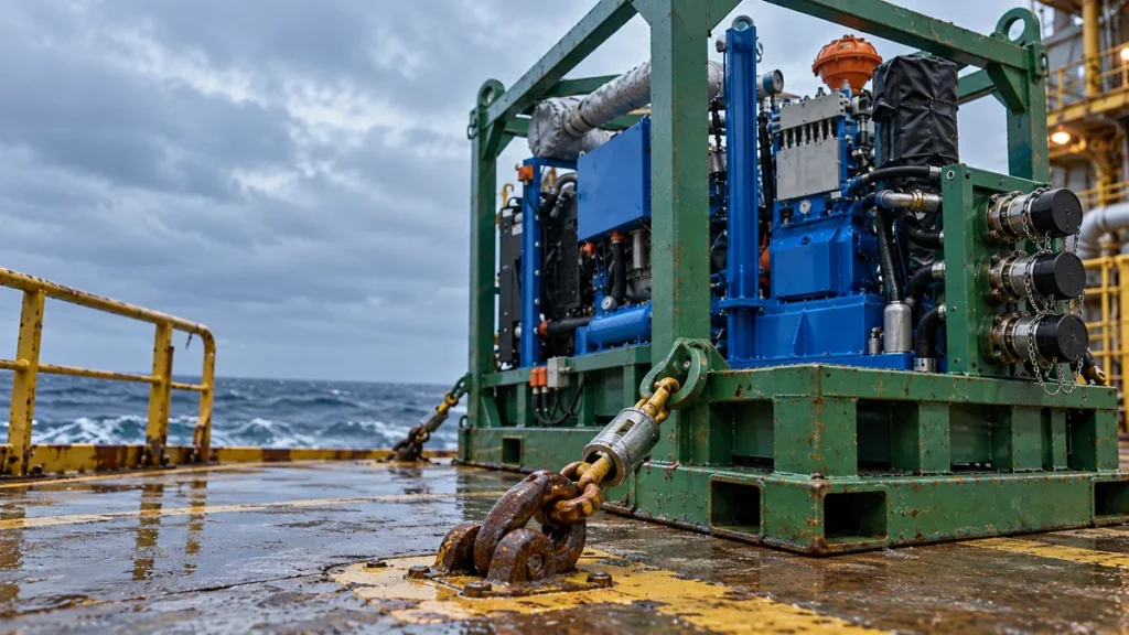 Skid de hidrojateamento offshore fixado no convés com equipamento contido na estrutura