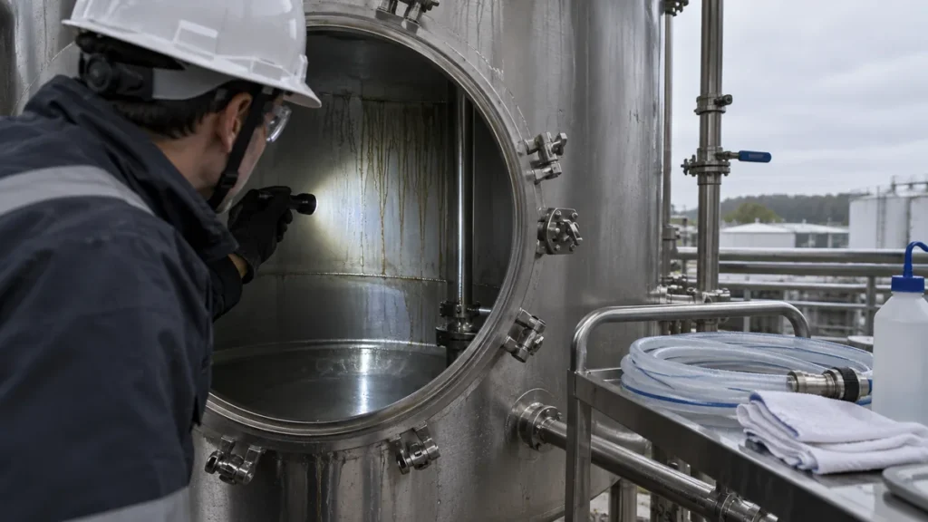Tanque de inox exposto a cloretos em contexto industrial técnico e realista