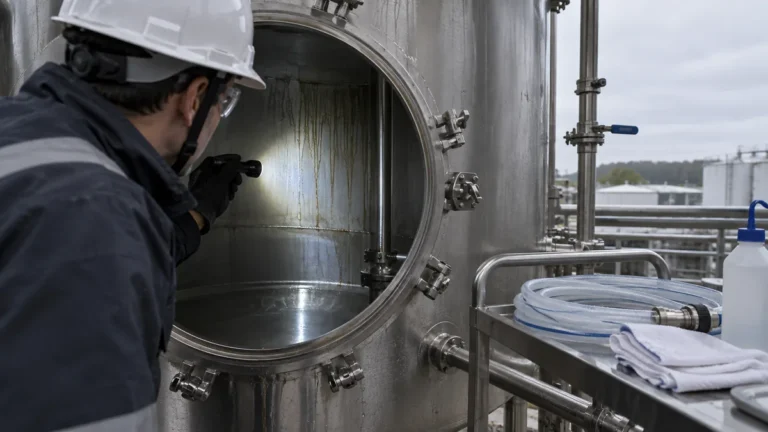 Tanque de inox exposto a cloretos em contexto industrial técnico e realista