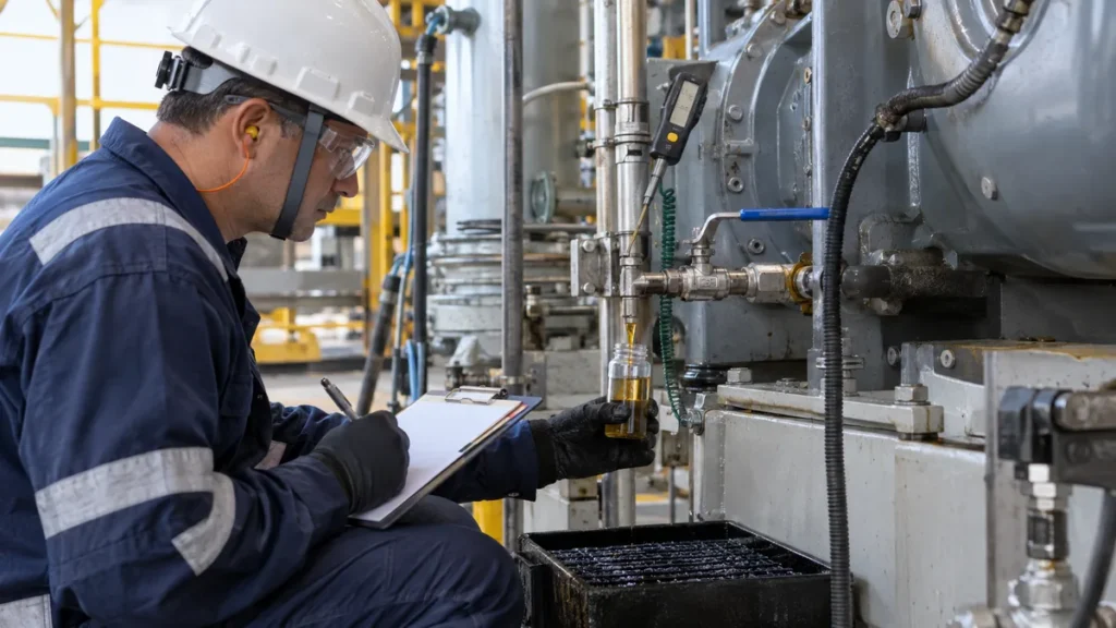 Temperatura na amostragem de óleo em contexto industrial técnico e realista
