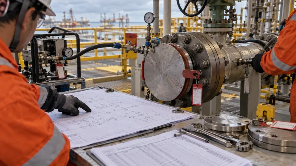 Test pack no teste hidrostático em contexto industrial técnico e realista