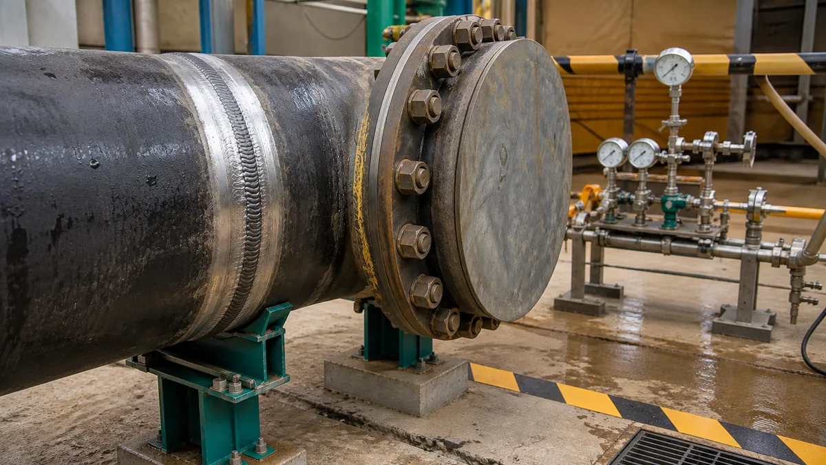 Linha industrial reparada preparada para teste hidrostático com fronteira definida