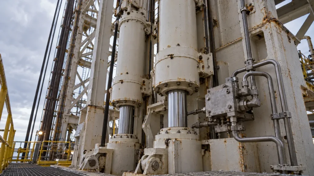 Ilustração técnica de cilindros hidráulicos e tubulações do Top Compensator em estrutura offshore