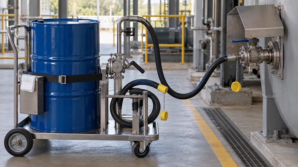 Transferência de óleo limpo em contexto industrial técnico e realista
