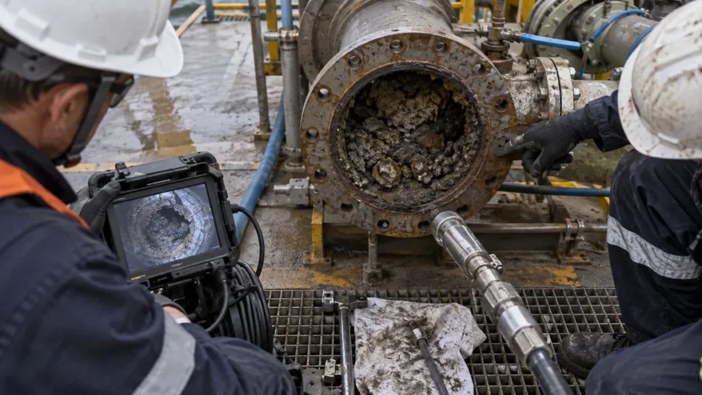 Tubo totalmente obstruído em contexto industrial técnico e realista