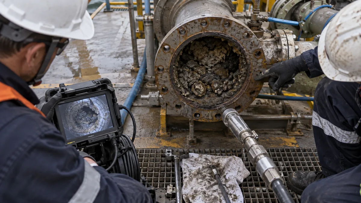 Tubo totalmente obstruído em contexto industrial técnico e realista