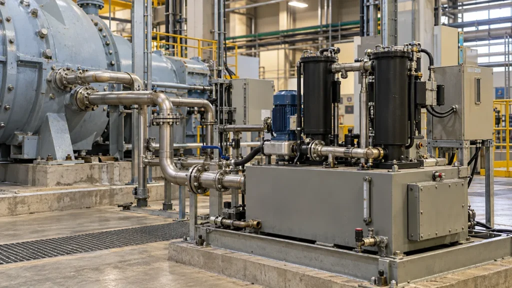 Sistema de óleo lubrificante de turbina com reservatório, bomba, filtros e tubulação em planta industrial