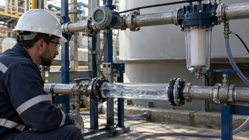 Turbulência no flushing industrial em contexto industrial técnico e realista